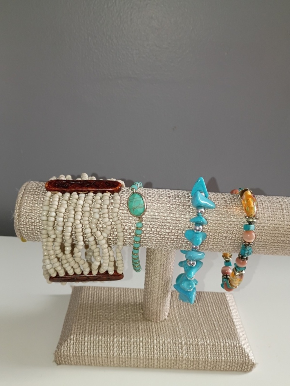 4- Lot Turquoise Color Boho Eclectic Stone Bead Stretch Vtg Bracelets Jewelry